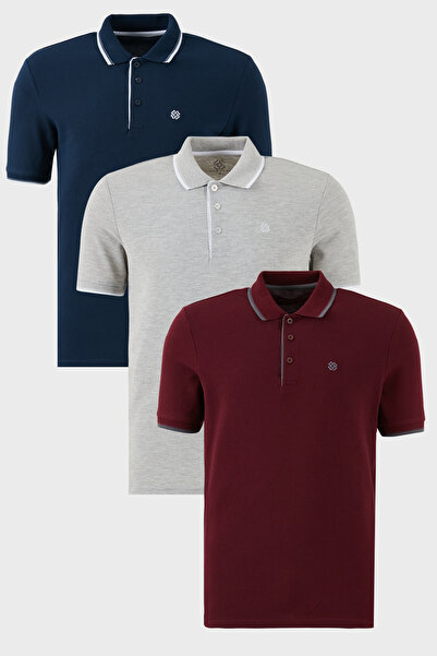 Buratti Pamuklu Regular Fit Şerit Detaylı Düğmeli Polo Yaka 3'lü Paket T Shir...