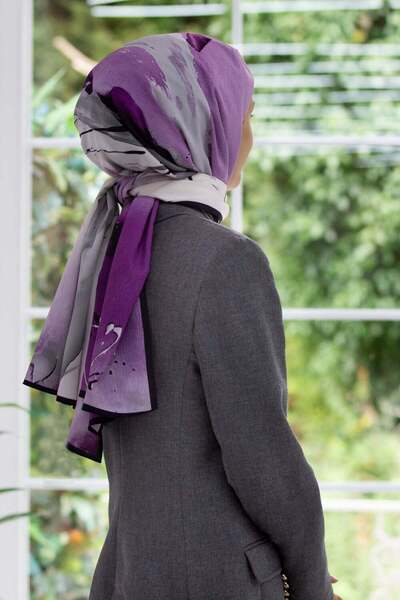 Vissona KREP BATİK DESENLİ GRİ - LİLA RENKLİ 75X195 KIRIŞMAZ ŞAL