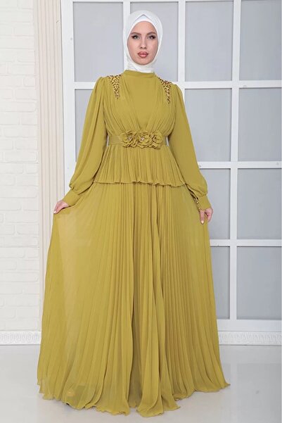 lodmela Rochie de seară cu pliuri și detaliu la umăr și la curea, stil Tesett...