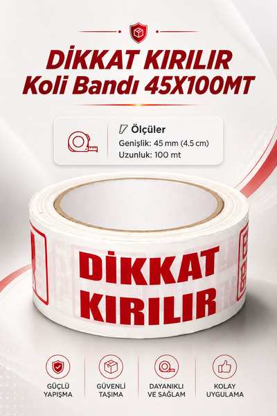 NZB (Dikkat Kırılır) Koli Bandı 45x100 Mt Kırılabilir Ürünler İçin Uyarı Bask...