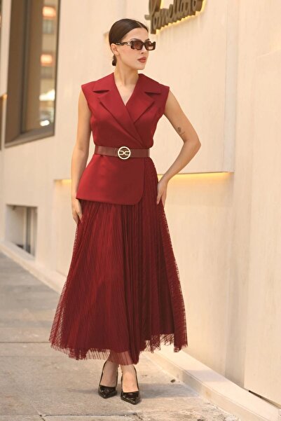 lodmela Rochie de seară cu centură plisată 2390-Burgundy