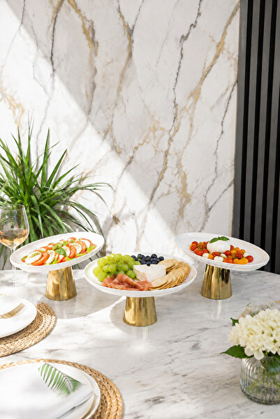 MAY HOME 3'Lü Porselen Gold Ayaklı Tabak Kayık Seti & Salata Kek Kurabiye Sun...