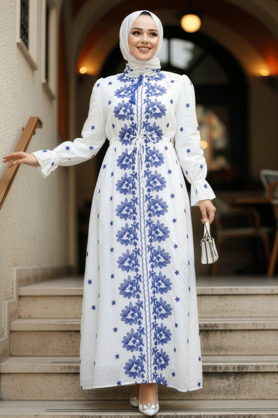 Neva Style Patterned Blue Hijab Dress 13503m