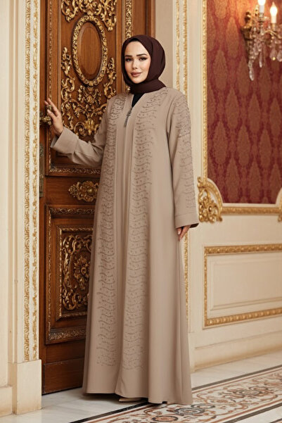 N.S NEVA STYLE Tesettür Ferace bej cu broderie cu margele 29127BEJ