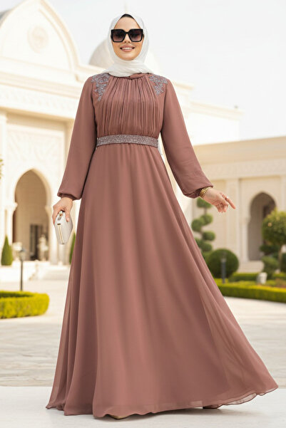 Neva Style Drape Detaylı Camel Tesettür Abiye Elbise 25879C