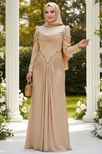 N.S NEVA STYLE فستان سهرة بيج مزين بالدрапيهات 70136BEJ