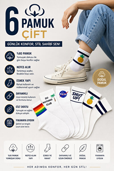 Esinti 6 Pairs of Cotton Patterned Socks – Unisex Long College & Sneaker Comp...