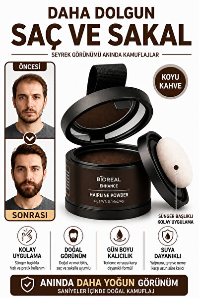 BİOREAL Saç Dolgunlaştırıcı Koyu Kahve Pudra | Seyrek Sakal Saçlar için Saç F...