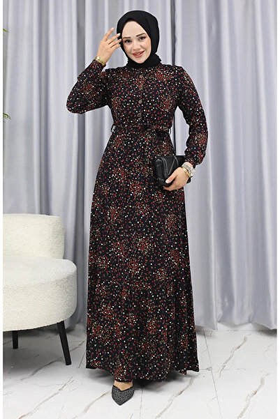 sefamerve Viscose fabric floral patterned dress 4070-01 black