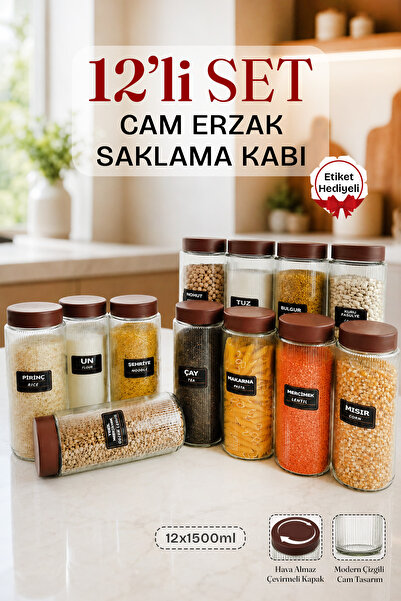 Lizzy 12 Li Jumbo Boy Kapaklı Cam Erzak Kavanozu Saklama Kabı 1500 ml