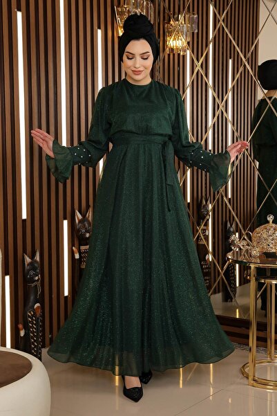 Missvalle Stone Detailed Glitter Chiffon Evening Dress Emerald 19113