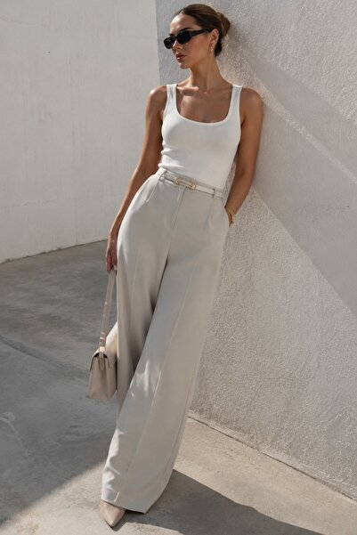 Madmext Pantaloni Palazzo de damă cu talie înaltă Stone Color MG2506