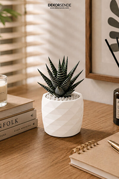 Dekorsende Polyester Prizma Desen Mini Saksı Beyaz 8 cm
