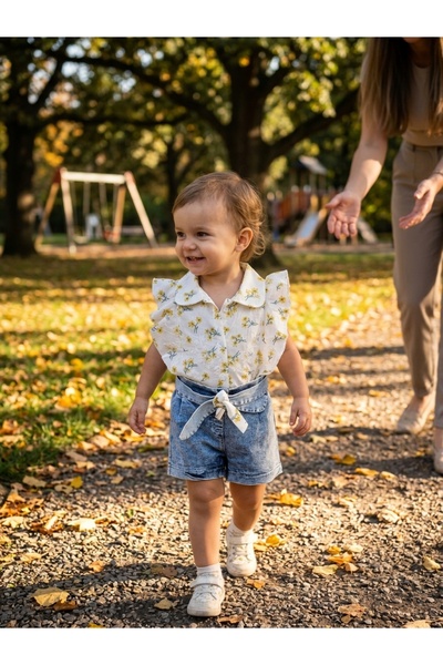 INFANT Set cămașă cu flori și pantaloni denim Pampal - Mărimi de la 2 la 5 ANI