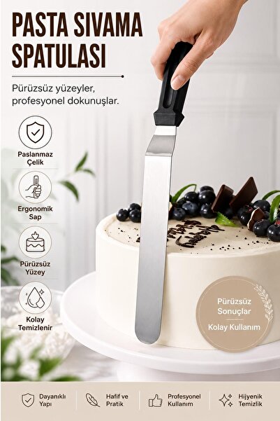 Kitchen Beauty Eğik Oval Uçlu Pasta Sıvama Spatulası 32 Cm, Siyah, Yüksek Kal...