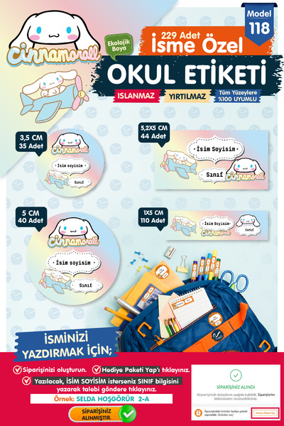t tuğset etiket Okul Etiketi  Cinnamoroll Temalı Kalem Defter Etiketi Özel İs...