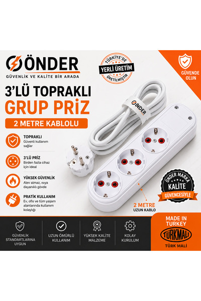 2 Metre Kablolu Topraklı Ara Kablosu Uzatmalı Seyyar 3lü Grup Priz