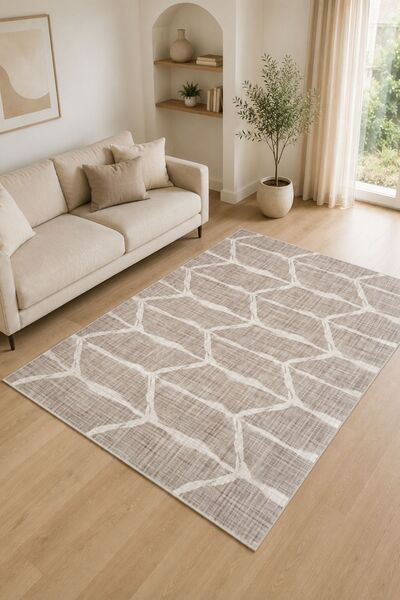 Serente Home Geometrik Desenli Yıkanabilir Kaymaz Taban Kahverengi Beyaz Şöni...