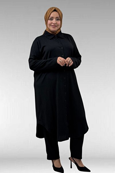 Eslina 37013 Plus Size Buttoned Wrap Pants Set-black