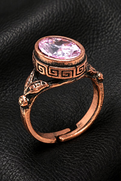 OSMANLI GÜMÜŞ Women's Copper Ring with Pink Quartz Natural Stone Oval Model C...