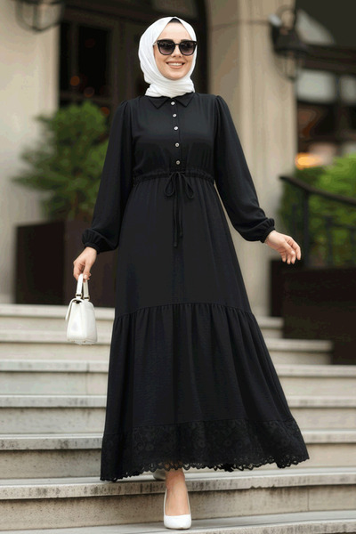 Neva Style Μαύρο φόρεμα με κουμπιά 5878S