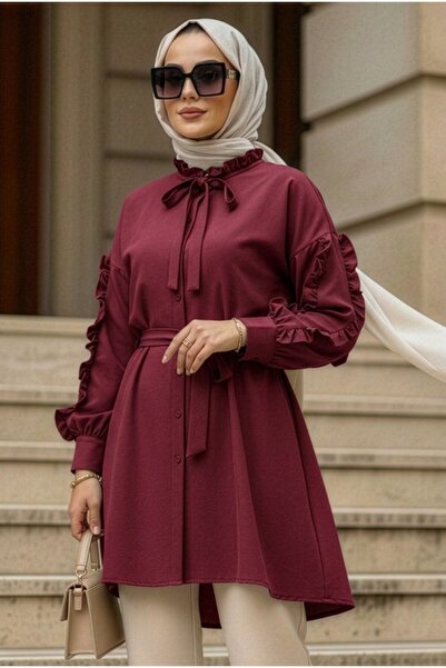 N.S NEVA STYLE Düğmeli Bordo Tesettür Tunik 20295BR