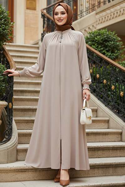 Neva Style Fermuarlı Bej Tesettür Ferace 45293BEJ