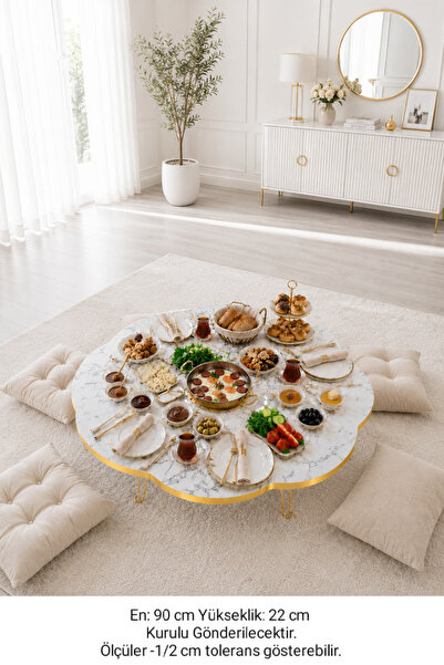 DOGANDEKOR 90 CM Beyaz Mermer Desenli Gold Detaylı Sofra