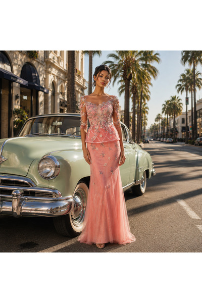 Andrea&Leo Couture Los Angeles Rochie de seara blush lunga in clos din dantel...