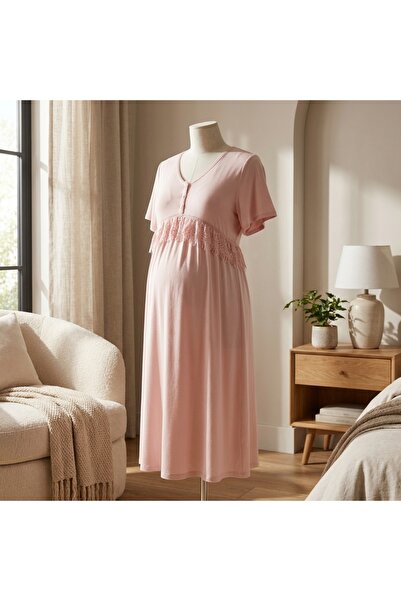 Lady Lingerie Long Nightgown for Pregnancy and Maternity - Short Sleeve with ...