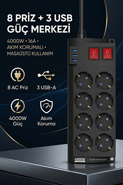 The Wlue 8'li Priz | 4000Watt |16A | Akım Korumalı | 2 Metre Uzatma Kablosu |...