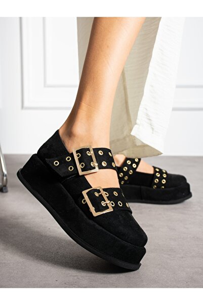 Alemdar Shoes Black Suede Buckle Detail Women's Loafer