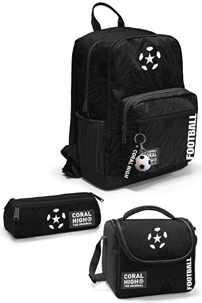 Coral High Set of 3 School Bags with Black Football Pattern 0123698