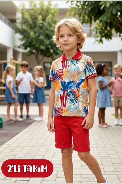 Hilal Akıncı Kids طقم تي شيرت بياقة منقوشة للأولاد وشورت جينز ملون مكون من قط...