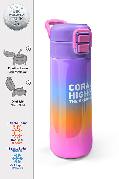 Coral High Kids Renk Geçişli Desenli Pipetli ve Direkt İçim Çelik Termos 500 ...