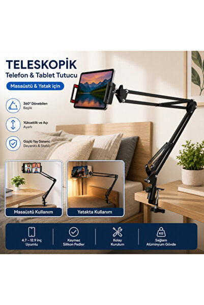 Polham Teleskopik Masaüstü Ve Yatak Bazası Için Telefon Ve Tablet Tutucu Stan...