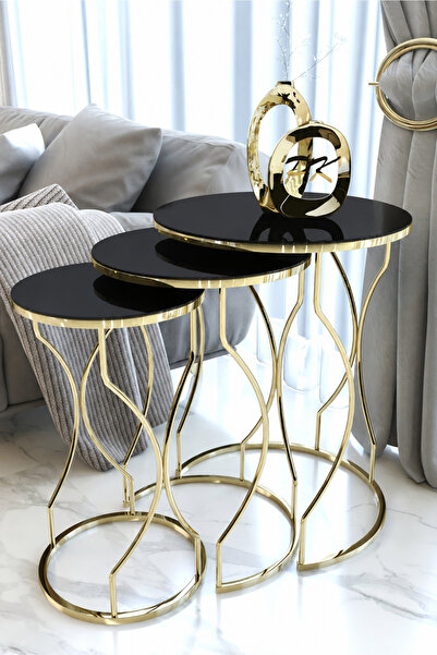 Puklife Rüya 3lü Zigon Sehpa Gold Renk Metal Ayak Siyah Kırılmaz Ayna