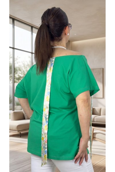 yagmurberen One-Shoulder Ribbon Detail Circular Necklace Viscose Fabric Plus Size Bluz