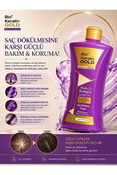 Bio Keratin Gold Biotin & Kolajen Yeniden Yapılandırıcı Etkili Tuzsuz Şampuan 700 ml