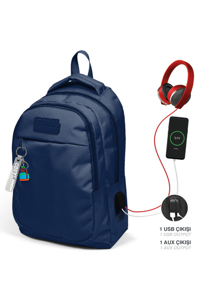 Coral High Kids Lacivert Üç Bölmeli Usb Şarjlı Kulaklık Çıkışlı Sırt Çantası ...
