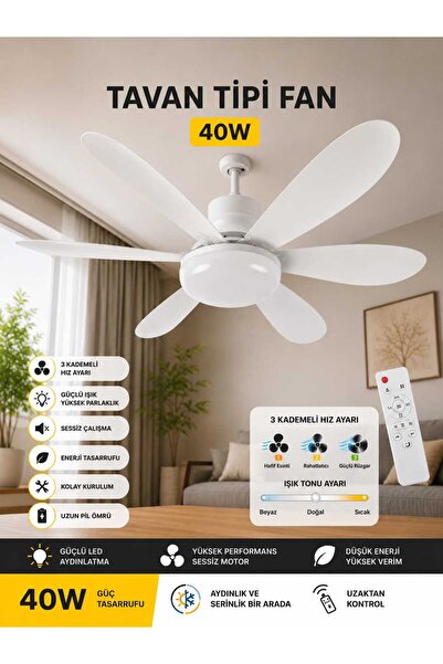 Genel Markalar 40W Kumandalı Tavan Tipi Fan ve LED Aydınlatma – 3 Kademeli Hı...