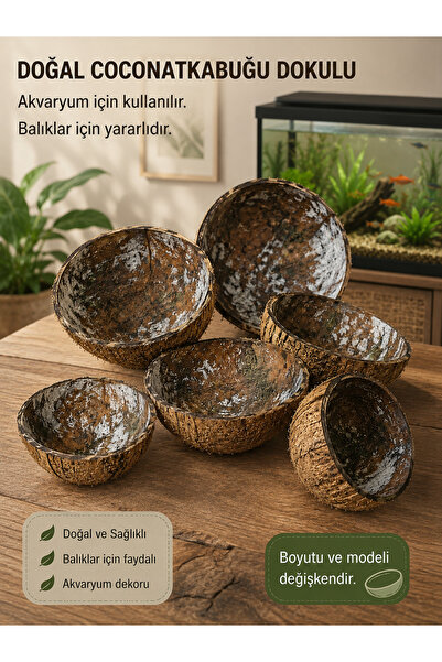 Akvaryum Doğal Dekoratif Hindistan Cevizi Kabuğu Önü Kapalı Yarım Kesik Model...