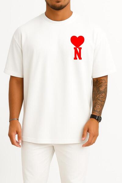 Bahriyeli Collection Oversize Heart and Letter N Pocket Design Unisex T-Shirt