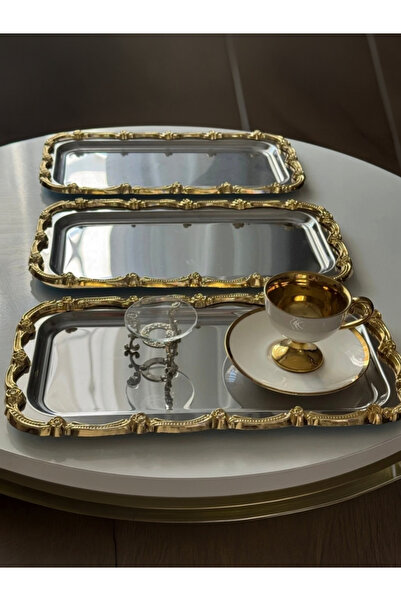 SEVA ÇELİK 3 ADET ÇELİK BÜYÜK DİKDÖRTGEN MODEL GOLD ÇERÇEVELİ SERVİS TEPSİSİ ...