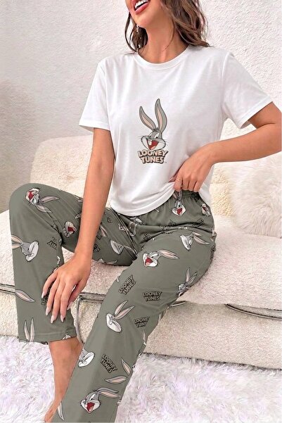 ZAYAHOMEWEAR Beyaz Kısa Kollu Pijama Takımı Bugs Bunny Supersoft Basic Süprem