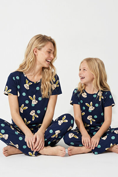 Siyah İnci Lacivert Tavşan Desenli Pamuklu Örme Pijama Takım