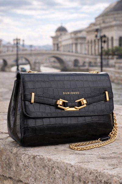 dukidasoturkiye Black Crocodile Patterned Gold Chain Strap Piece Women's Set Shoulder Bag |   Black T8311