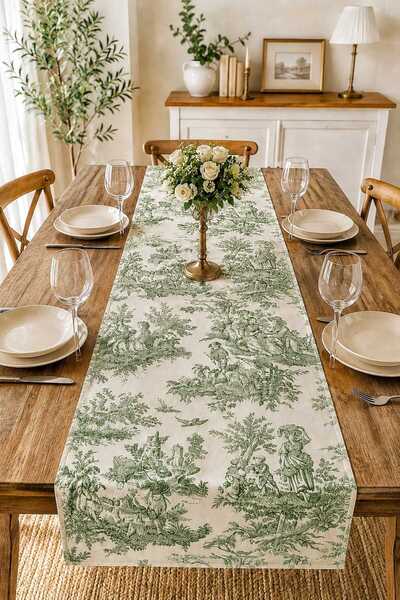 HOME ART ATELIER hand made Vintage Desenli Premium Keten Runner - Yeşil - 40x140
