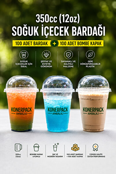 KONERPACK 100 Adet Milkshake Bardağı,plastik Soğuk Içecek Bardağı 350cc-kapak...