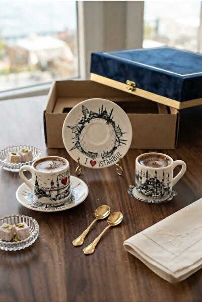 Handmade Istanbul Themed Porcelain Turkish Coffee Cup Set